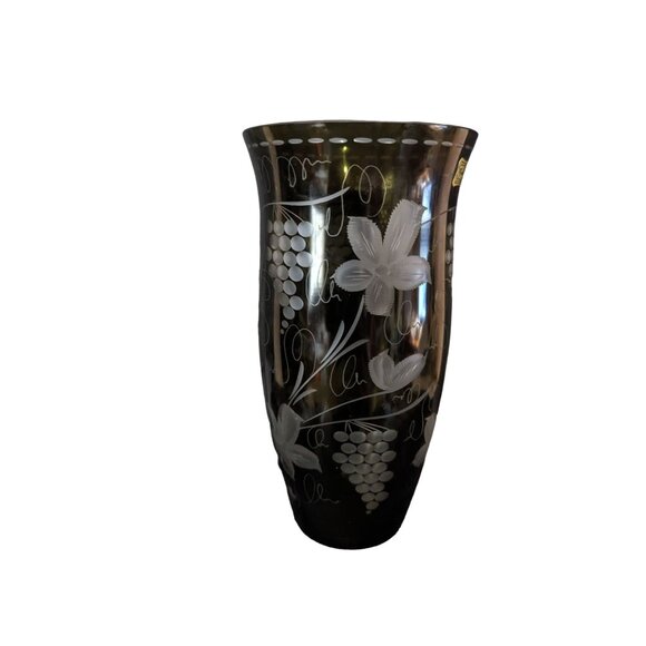 Egermann Bohemian Czech Olive Green Floral Etched Glass Vase Cut To Clear 9 Inch - Picture 4 of 10